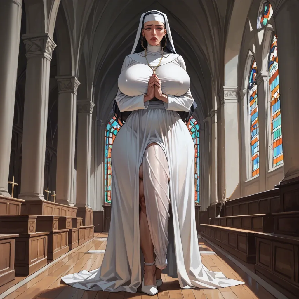 Milf,Nun,Huge ass, wide hips, thick thighs, huge breasts,breasts bigger than head, futanari , massive cock, huge balls ,flaccid,  huge bulge, ankle long skirt, full body view, standing, praying, , leaking cum on floor, standing in cum puddle