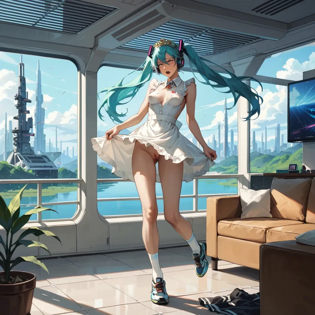 1girl,1boy, , , , pinching,skinny thighs,nipple bulge,conceivable,perfect skin, maid dress,white socks,golden tiara,nude,running shoes, living room, lake, spaceship, smartwatch, zelda, miku hatsune, belly bulge, monster cock.