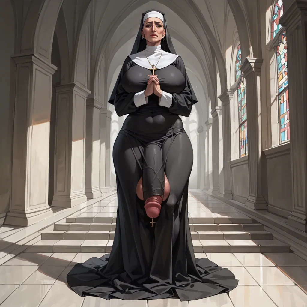 Milf,Nun,Huge ass, wide hips, thick thighs, huge breasts,breasts bigger than head, futanari , massive cock, huge balls ,flaccid,  huge bulge, ankle long skirt, full body view, standing, praying, , leaking cum on floor, standing in cum puddle