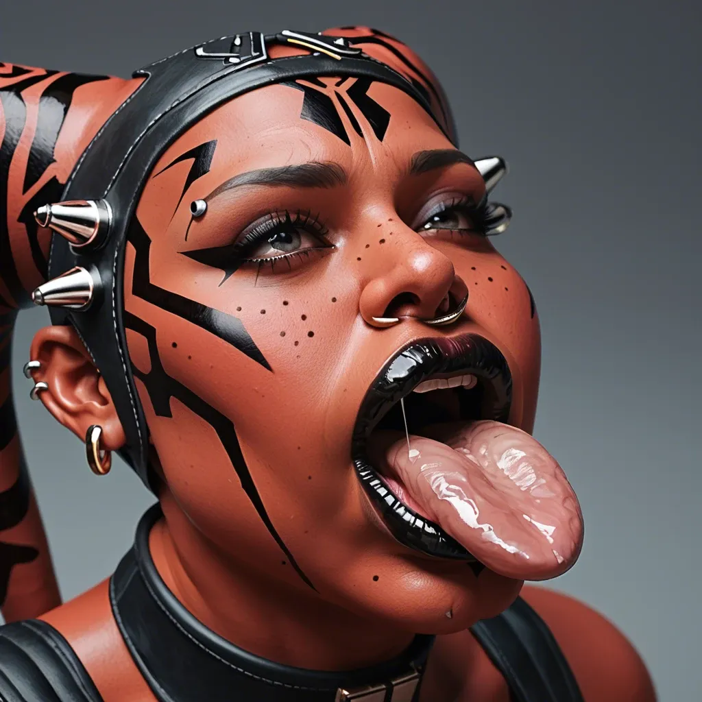 (3d), Indian hindi twi'lek, (obese), hyper lips, gaping mouth, tongue out, red skin, darth talon, facial piercings, cow nose ring, spike eyebrow piercings, freckles