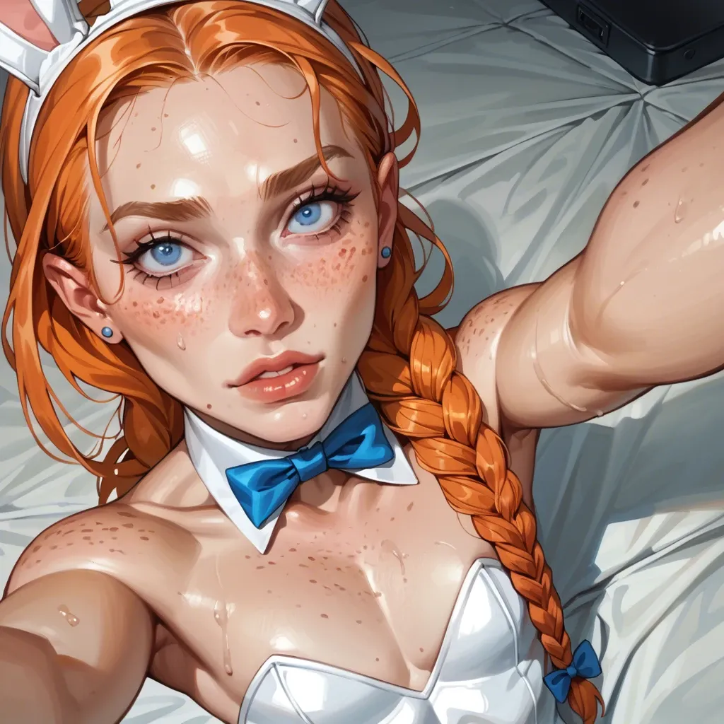 1femboy,freckles ,blue eyes, skinny, pretty boy, braided crown, orange hair,high angle selfie,face close-up,rubberized,full package futanari,white paled skin, flat chest, rabbit costume,spit down,