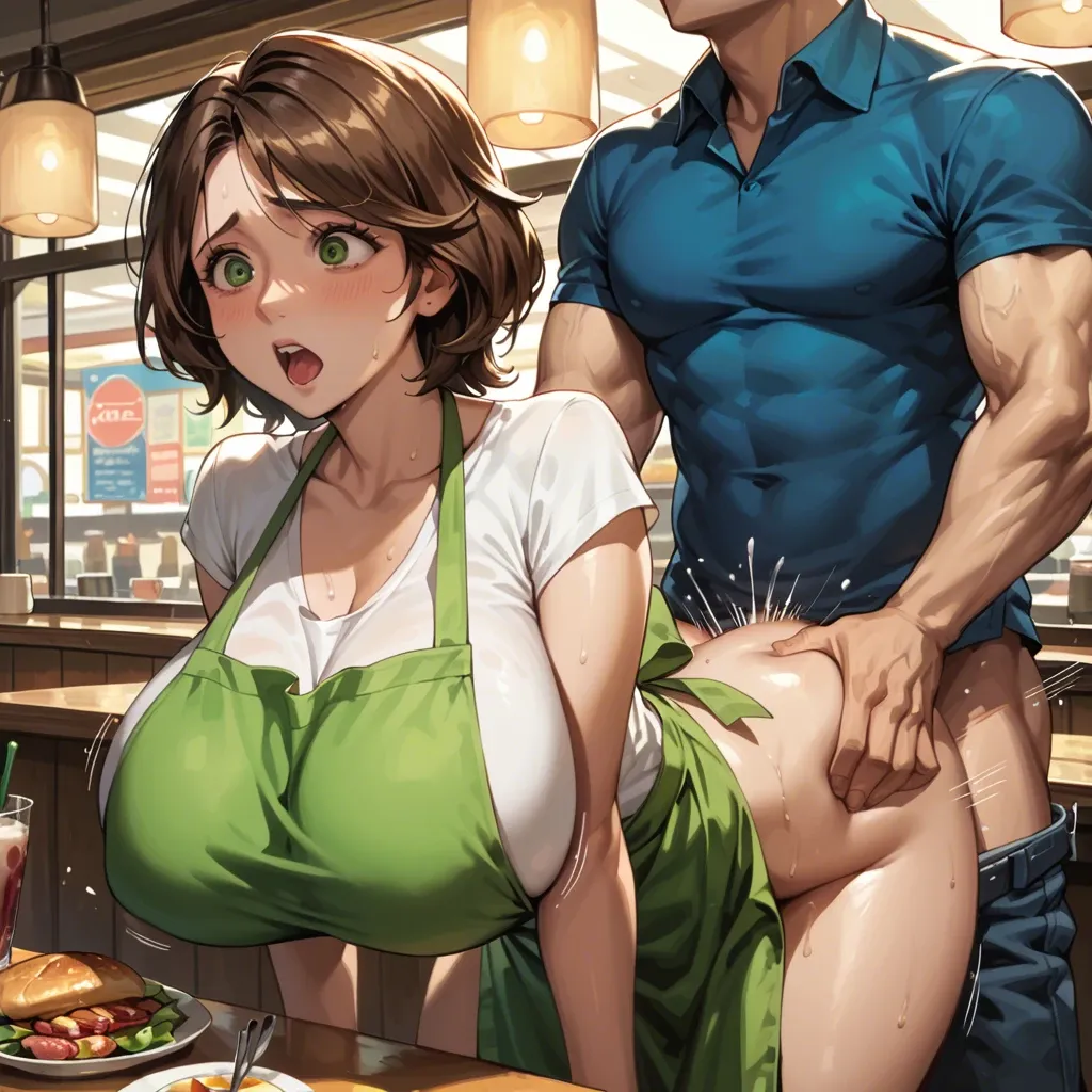 Cass Hamada(Disney Pixar style),casual outfit with apron,sex with young man in doggy style in cafe,gigantic breast,vibrant colors, detailed,motion lines,