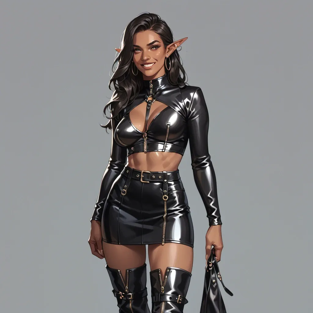 a young, tall , female elf  with beautiful delicate face, in a leather skirt and top, long dark hairs , long in leather boots ,, looking straight,  smiling,