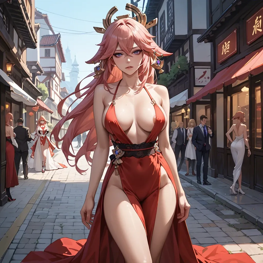 Yae miko from Genshin Impact, dressed in a long red evening dress with a naked body, a deep neckline, a long slit in the fabric on one hip, posing on the night street