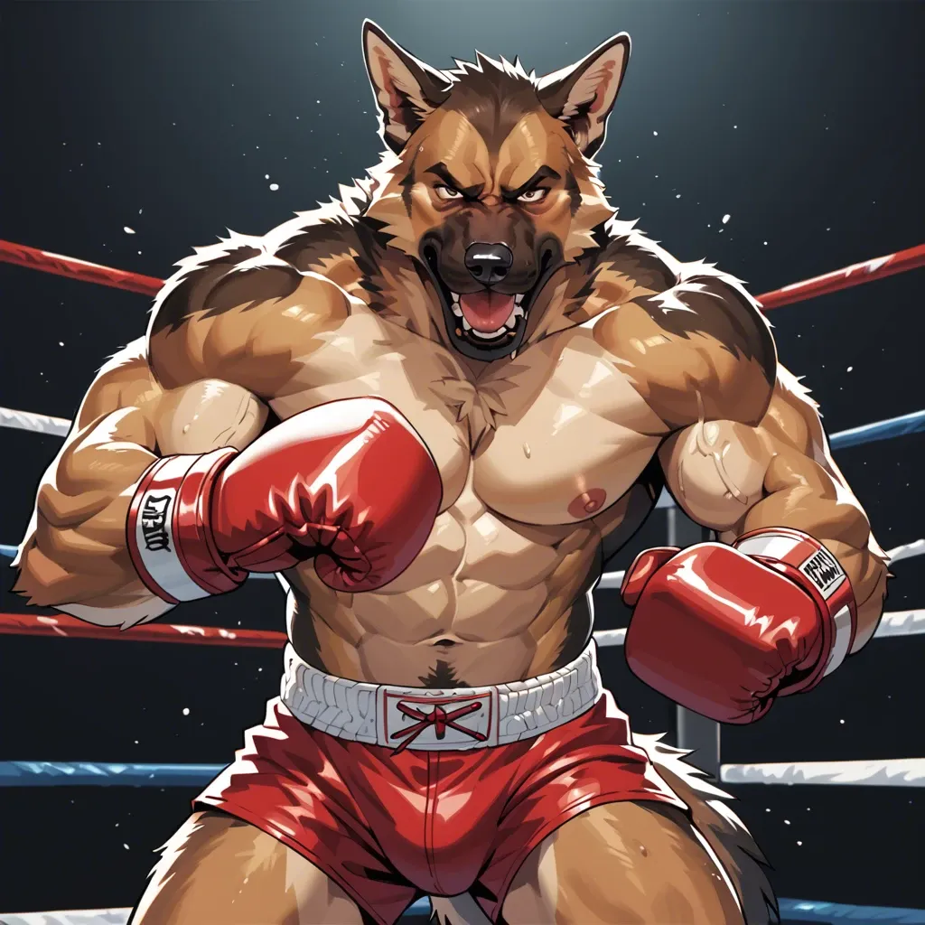 anthro german shepherd in boxing gloves smiles and punches