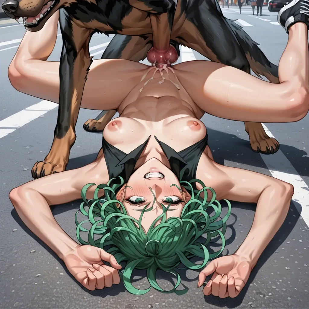 Tatsumaki(One-Punch Man), upside-down, close-up, public street, eye contact, detailed face, blushing, laying on back, feral wolfdog, clenched teeth, internal creampie, canine penis, vaginal, missionary, breast grab, knot in pussy