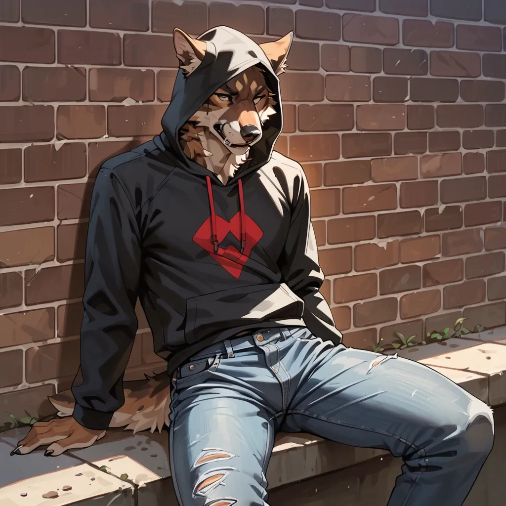 anthro shepherd sitting on the wall,in black zio hoodie and jeans