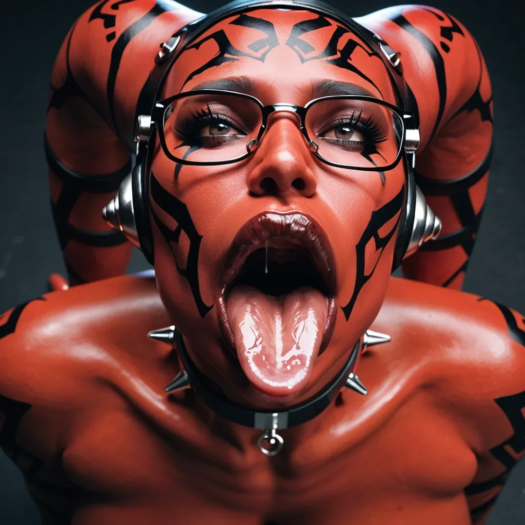 (3d), Indian twi'lek, (obese), milf hyper lips, gaping mouth, tongue out, red skin, darth talon, glasses