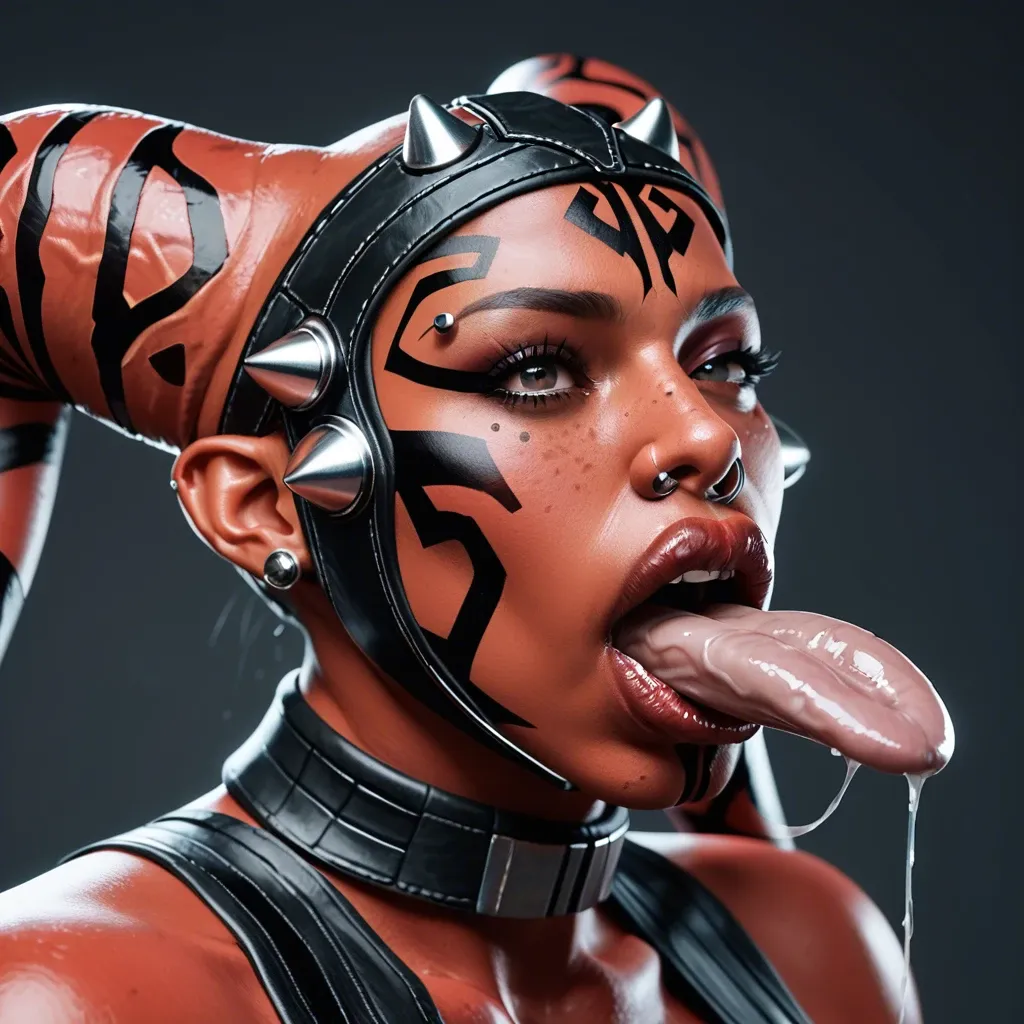 (3d), Indian hindi twi'lek, (obese), hyper lips, gaping mouth, tongue out, red skin, darth talon, facial piercings, cow nose ring, spike eyebrow piercings, freckles