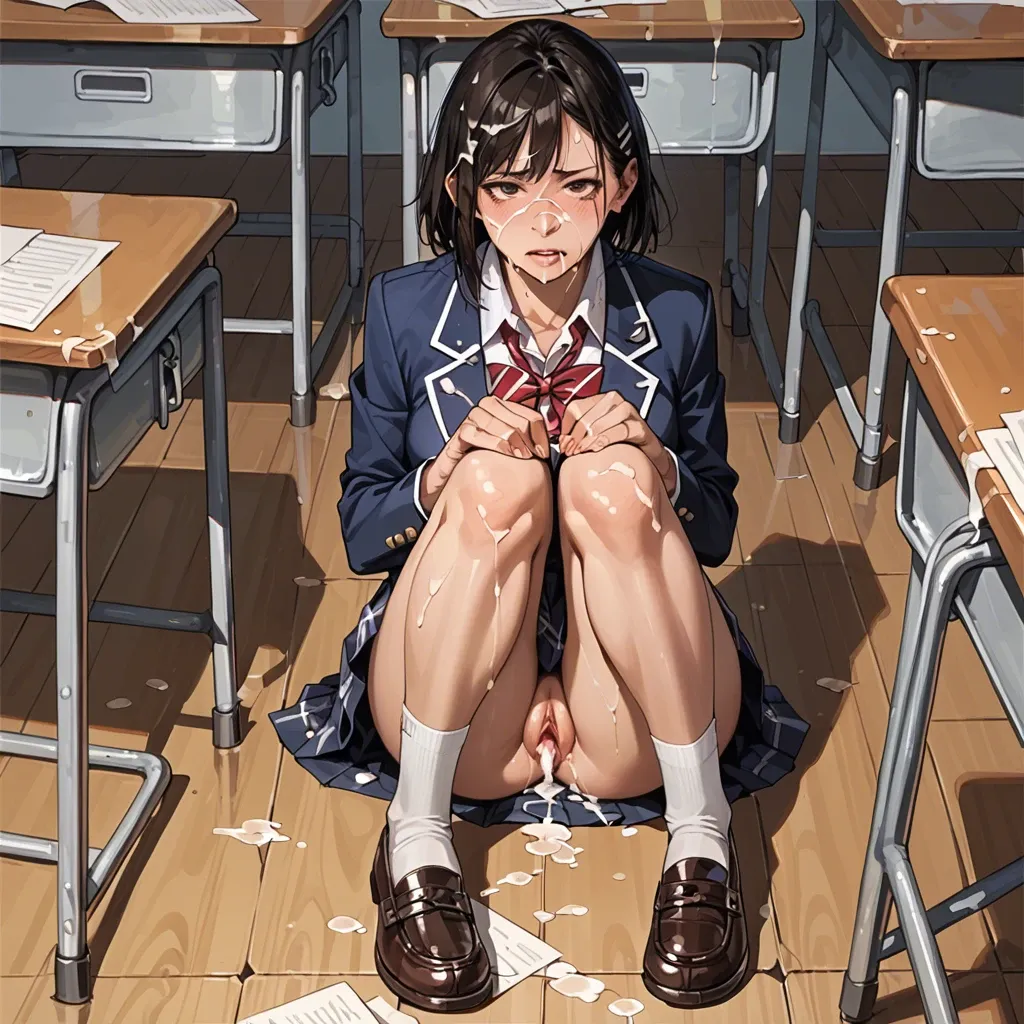 horikita, school uniform, bukkake on knees, in classroom