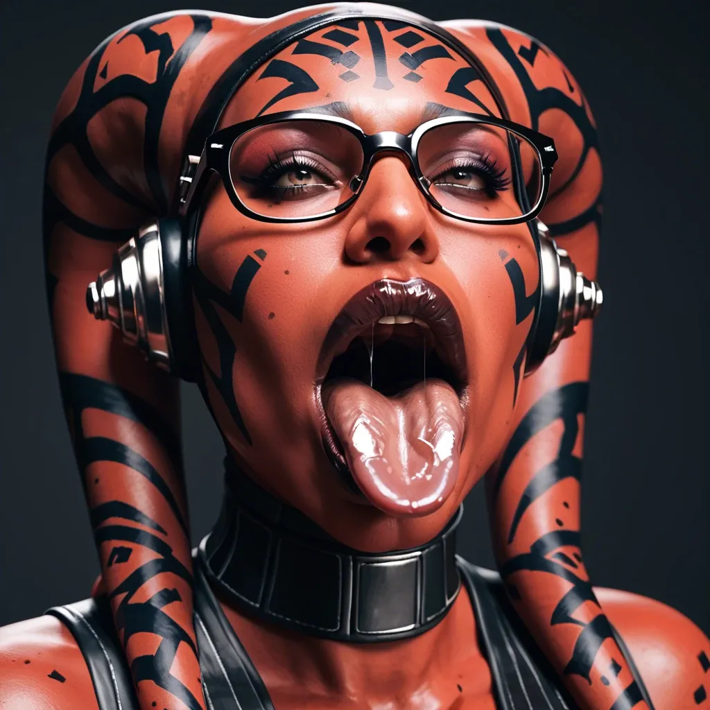 (3d), Indian twi'lek, (obese), milf hyper lips, gaping mouth, tongue out, red skin, darth talon, glasses