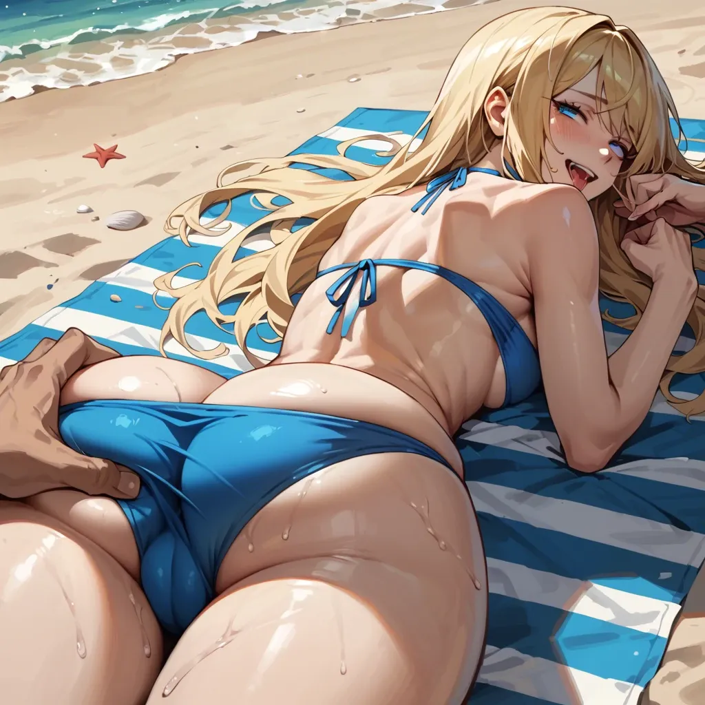 Blonde long hair,blue eyes,white skin,Nordic,blue bikini,at the beach,ass grab,ass focus,,backview,ahegao,smiling,sleeping,anime girl