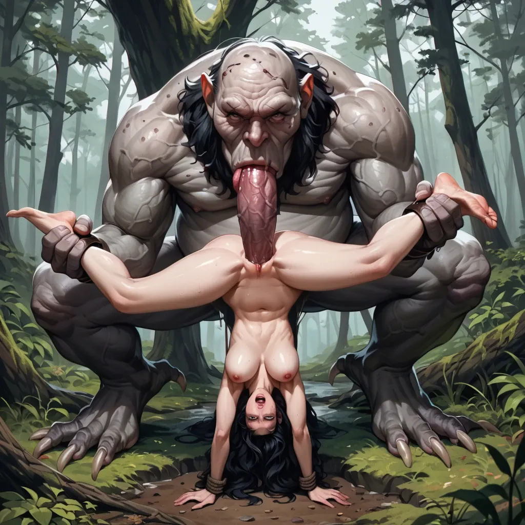 Yennefer of vengerver, in the forest, big ass, naked, blowjob a monster penis, full body, tied up on a tree by her calves, upside down, face fuck, tall ugly monster, hold head whit 2 hands,