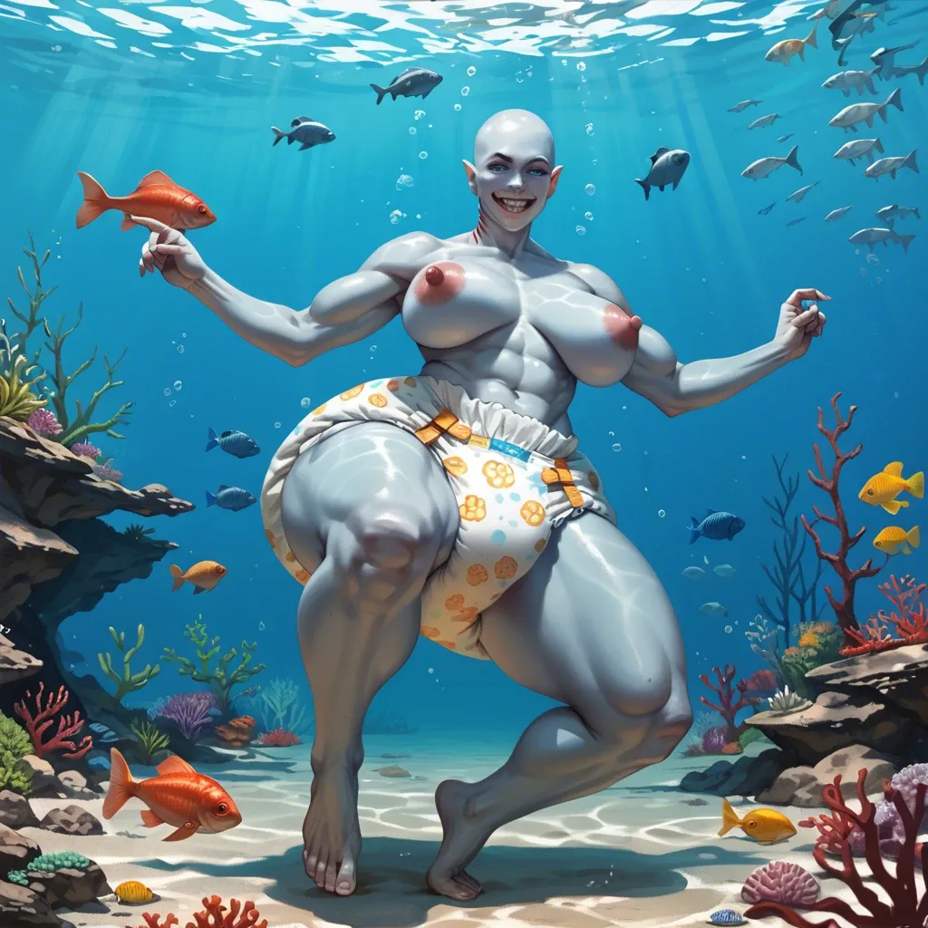 1 girl,solo,,,,Nina mazursky, big tits, giant ass, huge hips, thick thighs, saggy tits, diaper, fish monster, fin gills, underwater, smiling, bald, blue skin, pale blue eyes