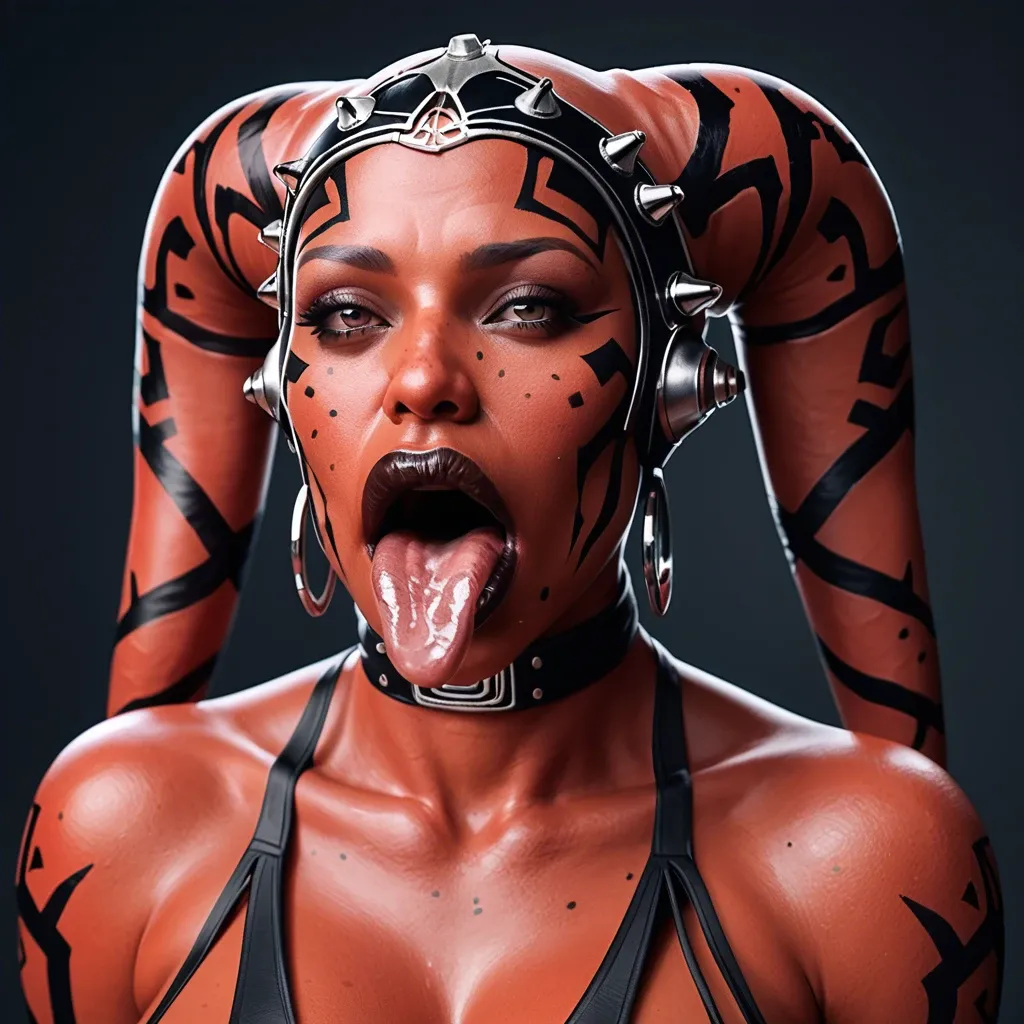 (3d), Indian hindi twi'lek, (obese), hyper lips, gaping mouth, tongue out, red skin, darth talon, facial piercings, freckles