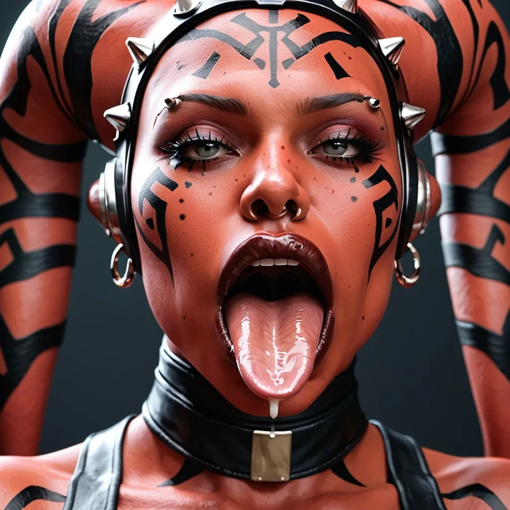 (3d), Indian hindi twi'lek, (obese), hyper lips, gaping mouth, tongue out, red skin, darth talon, facial piercings, cow nose ring, spike eyebrow piercings, freckles