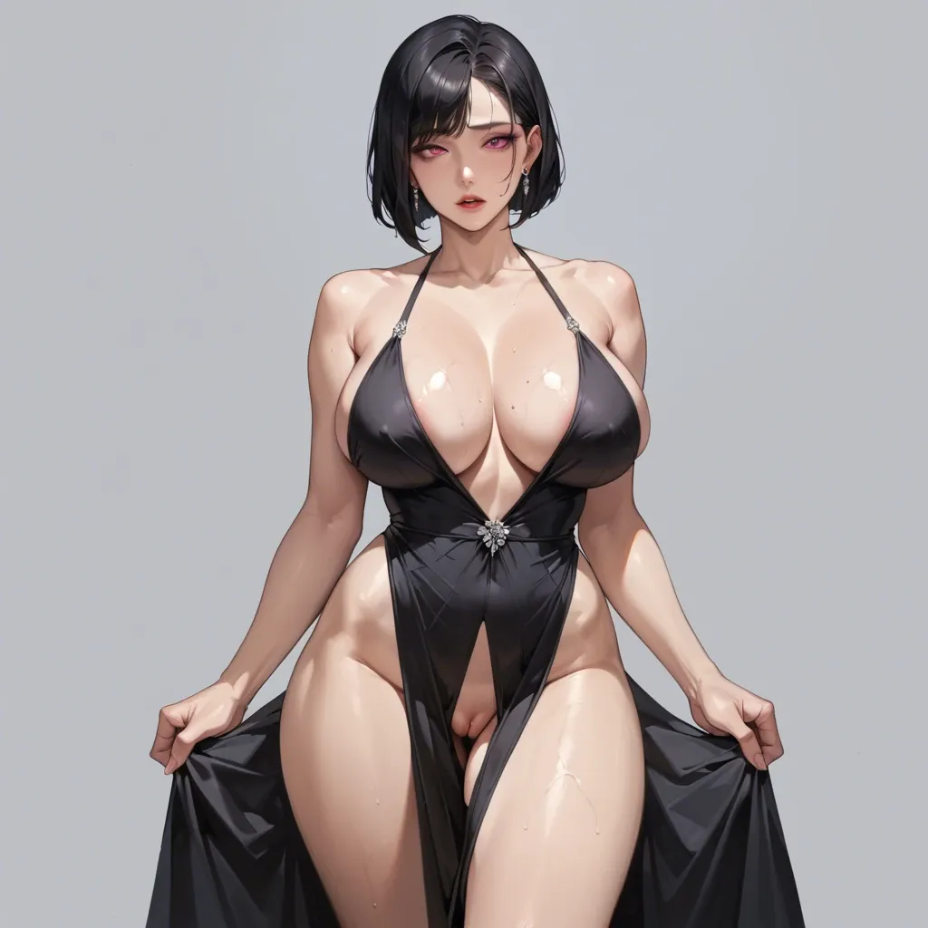 Korean milf, bob cut, black hair, pink eyes, huge breasts, wide hips, big thighs, hairless pussy, black evening gown