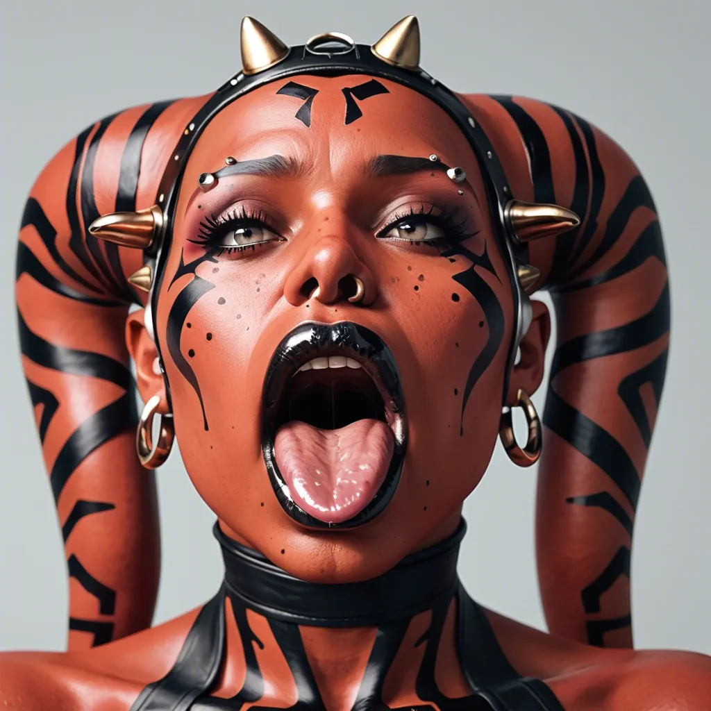 (3d), Indian hindi twi'lek, (obese), hyper lips, gaping mouth, tongue out, red skin, darth talon, facial piercings, cow nose ring, spike eyebrow piercings, freckles