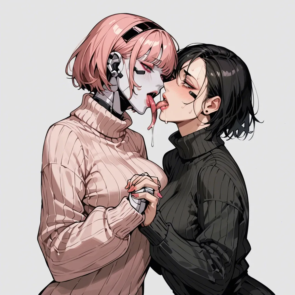 2 black robot girls with pink, robot face, sweater, long tongue, french kiss, holding arms