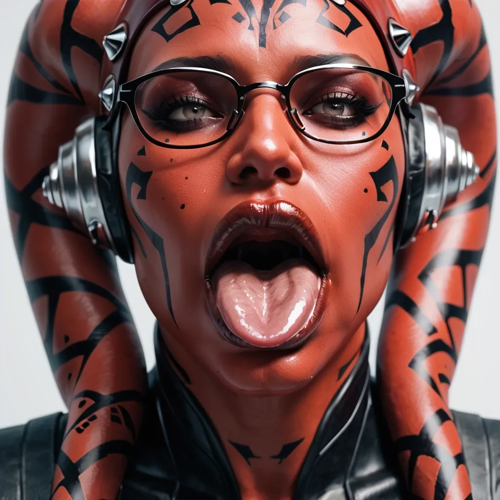 (3d), Indian twi'lek, (obese), milf hyper lips, gaping mouth, tongue out, red skin, darth talon, glasses