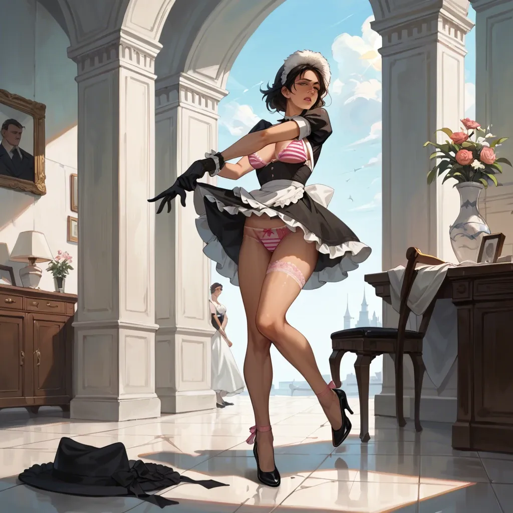 1girl,1boy, , , , high nose,bound ankles,perky breasts,background,sun tan marks, lifting shirt,striped bikini,fur hat,pink panties,ballet shoes, maid dress,striped clothes,black gloves,sexy lingerie,white boots, office, battlefield, tavern, android 18, detailed skins, late night, girl lara croft, rapunzel waifu