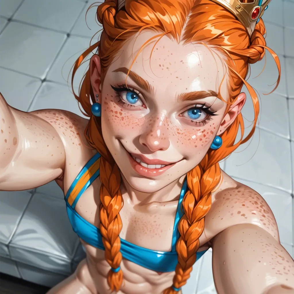 1femboy,freckles ,blue eyes, skinny, pretty boy, braided crown, orange hair,high angle selfie,face close-up,rubberized,full package futanari,white paled skin, flat chest, rabbit clothes,big smile