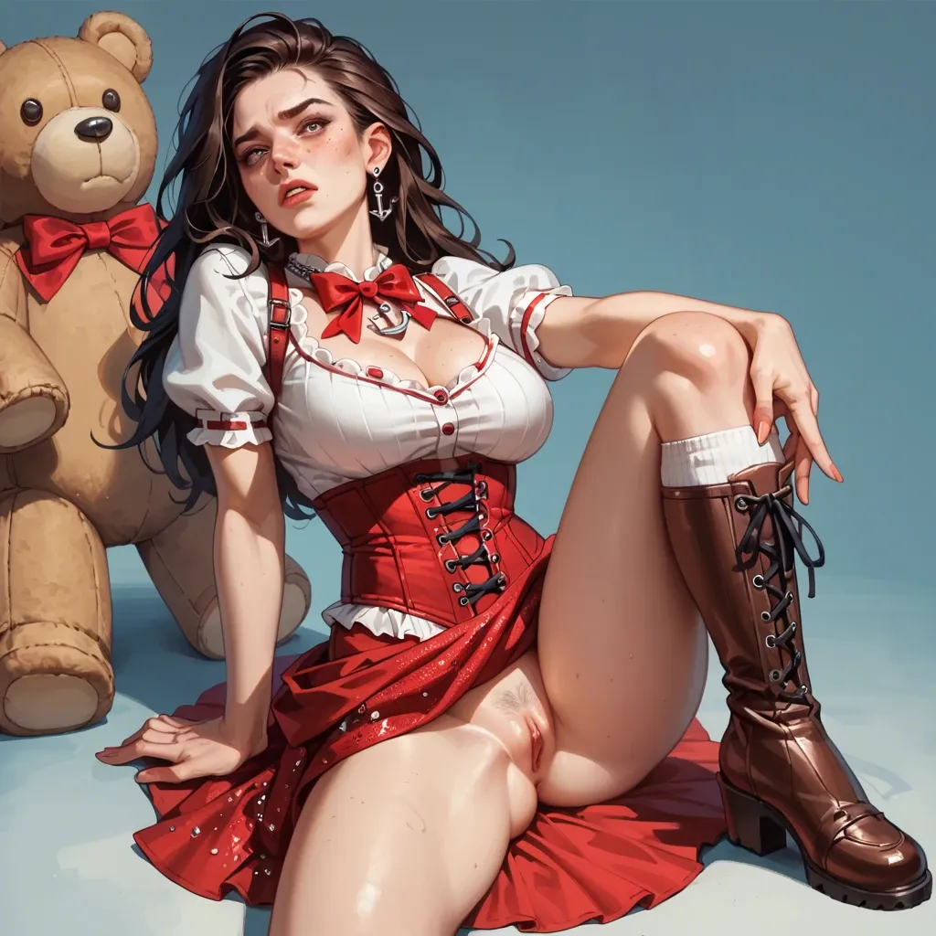 1girl,solo, , , , freckled face,left hand,round breasts,look back,knee up, shirt lifted up,anchor necklace,red bowtie,red corset,knee boots, glittery dress,knee socks,dangly earrings,teddy,gothic boots, baroque, in jungle, cyberpunk, on desk, realistic style, bright-lit room, samus, spider-gwen, rapunzel waifu