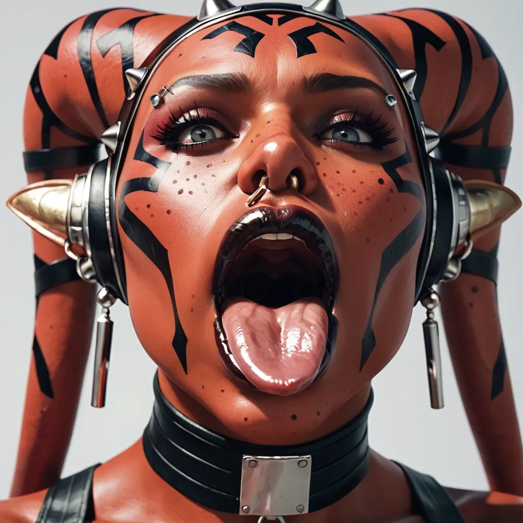 (3d), Indian hindi twi'lek, (obese), hyper lips, gaping mouth, tongue out, red skin, darth talon, facial piercings, cow nose ring, spike eyebrow piercings, freckles