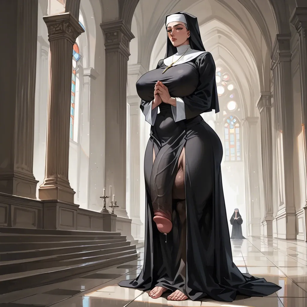 Nun,Huge ass, wide hips, thick thighs, huge breasts,breasts bigger than head, futanari , massive cock, huge balls ,flaccid,  huge bulge, ankle long skirt, full body view, standing, praying, , horny