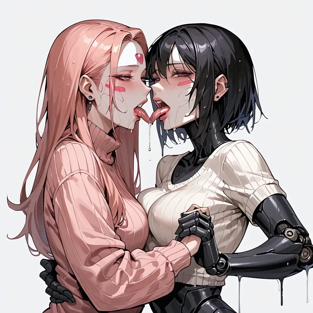 2 black robot girls with pink, robot face, sweater, long tongue, french kiss, holding arms, under view, no panties, wet, tongue in mouth