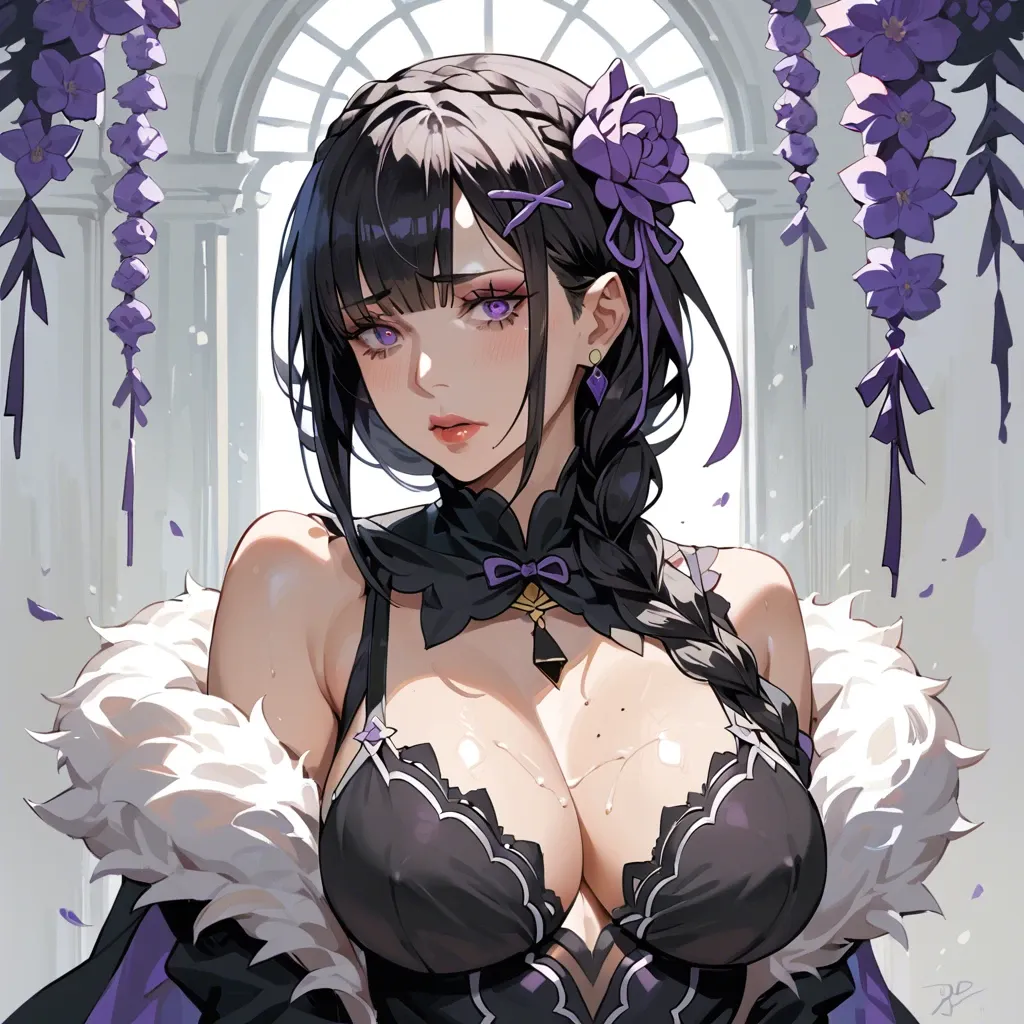 RE: Zero - Starting Life in Another World,purple flower,hair flower,bangs,purple eyes,braid,mature female,makeup,eyelashes,hair over shoulder,black hair,two-sided fabric,fur trim,revealing clothes,large breasts,black dress,strapless dress,pelvic curtain,bridal gauntlets,detached sleeves,brown, Frustrated woman,Young female,Beautiful Fingers,Beautiful long legs,Beautiful body,Beautiful Nose,Beautiful character design, perfect eyes, perfect face,expressive eyes, Western-style building,Boy grabs woman's head with dirty huge dick and deepthroats her, ejaculating