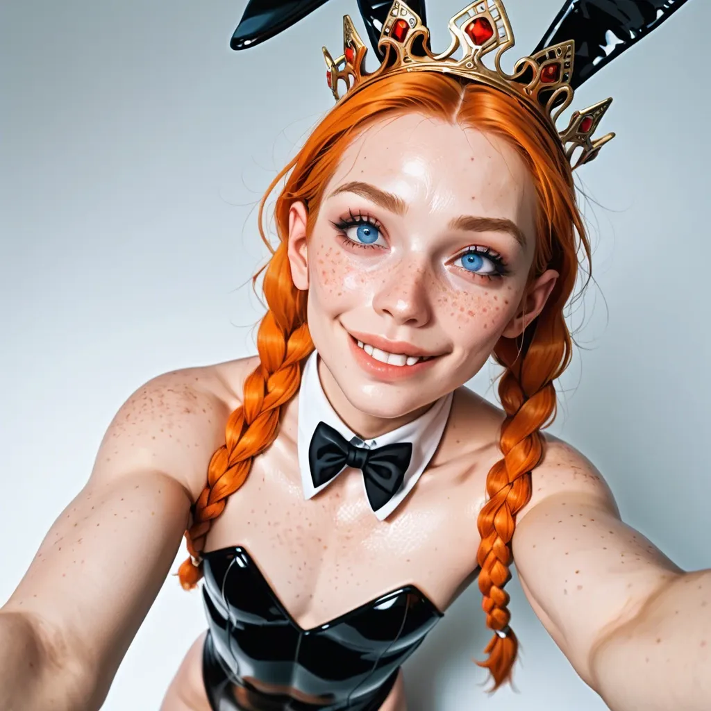 1femboy,freckles ,blue eyes, skinny, pretty boy, braided crown, orange hair,high angle selfie,face close-up,rubberized,full package futanari,white paled skin, flat chest, rabbit costume, smiling big,