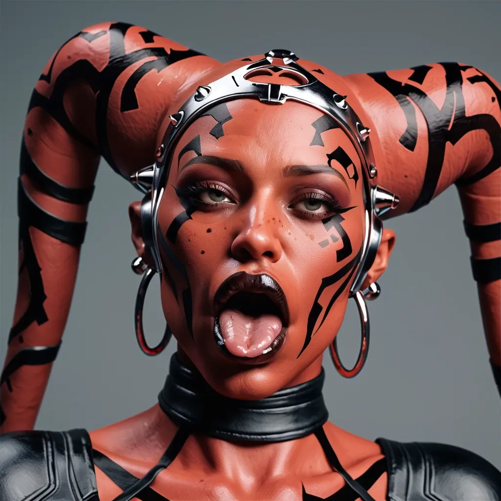 (3d), Indian hindi twi'lek, (obese), hyper lips, gaping mouth, tongue out, red skin, darth talon, facial piercings, freckles