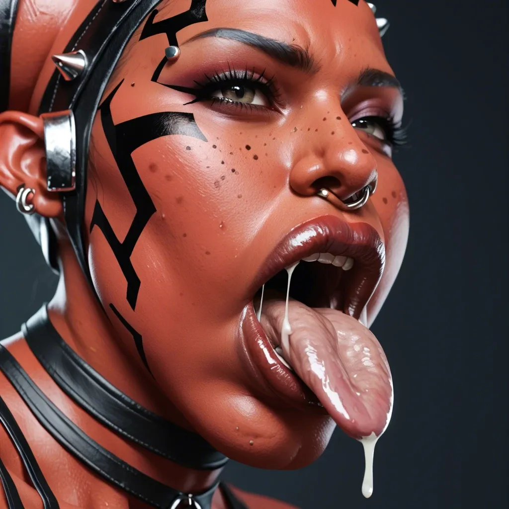 (3d), Indian hindi twi'lek, (obese), hyper lips, gaping mouth, tongue out, red skin, darth talon, facial piercings, cow nose ring, spike eyebrow piercings, freckles