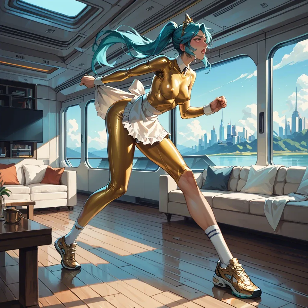 1girl,1boy, , , , pinching,skinny thighs,nipple bulge,conceivable,perfect skin, maid dress,white socks,golden tiara,laced bodysuit,running shoes, living room, lake, spaceship, smartwatch, zelda, miku hatsune