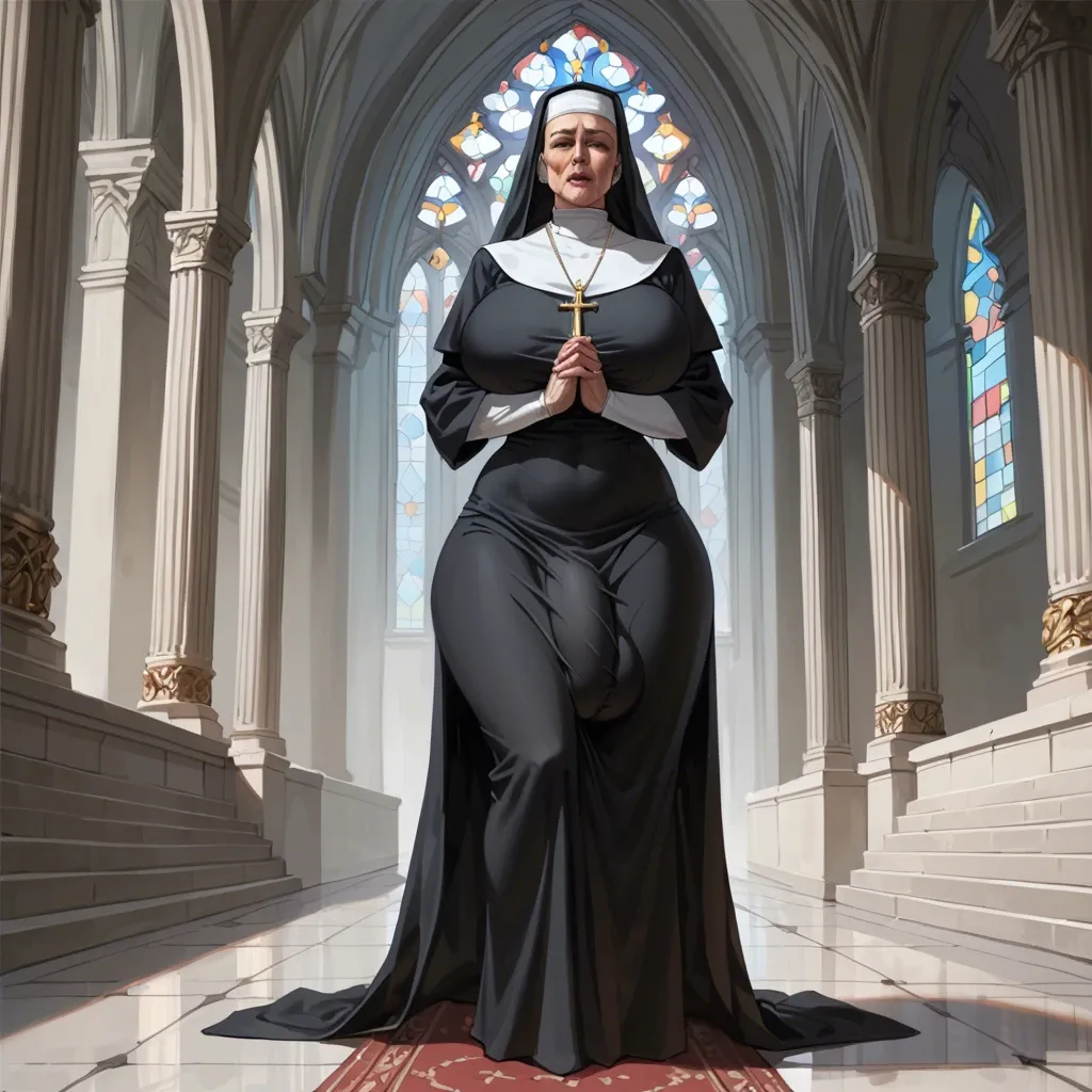 Milf,Nun,Huge ass, wide hips, thick thighs, huge breasts,breasts bigger than head, futanari , massive cock, huge balls ,flaccid,  huge bulge, ankle long skirt, full body view, standing, praying, , leaking cum on floor, standing in cum puddle