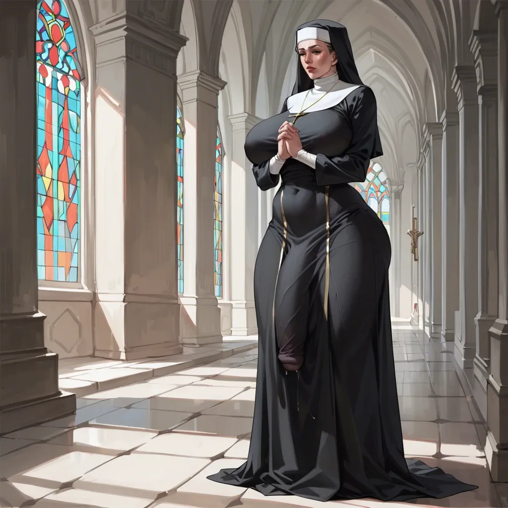 Nun,Huge ass, wide hips, thick thighs, huge breasts,breasts bigger than head, futanari , massive cock, flaccid,  huge bulge, long skirt, full body view, standing, praying,