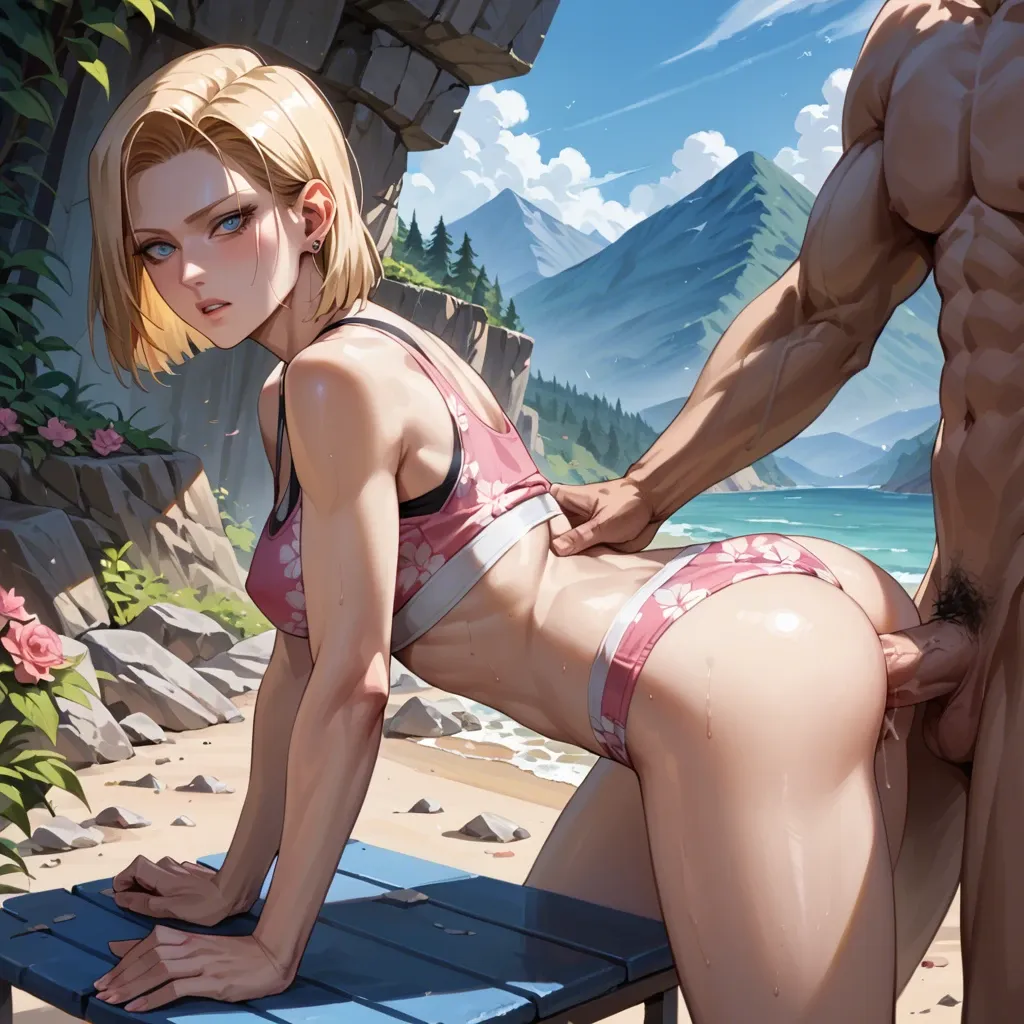 Android 18 sex with oldman at the mountains, sports bra pink floral, panties pink floral