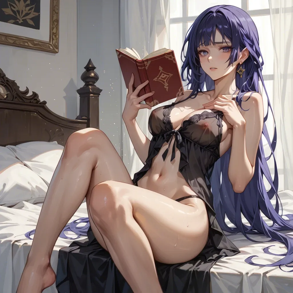 Raiden from Genshin Impact, black negligee, black thong, sitting on the bed, legs bent at the knees and pressed against the body, holding a book in his hands and reading, front view