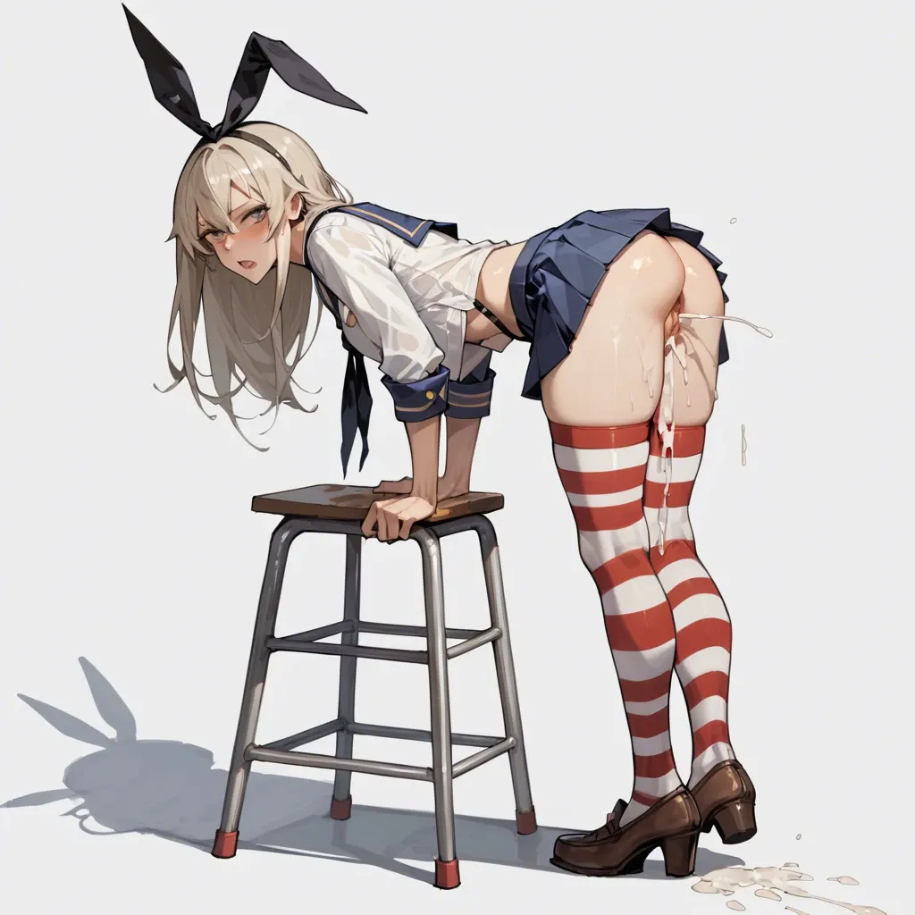 Shimakaze sex 18+, she stands bent over, cum, mini skirt, hentai, cum inside, panties, school uniform, stockings