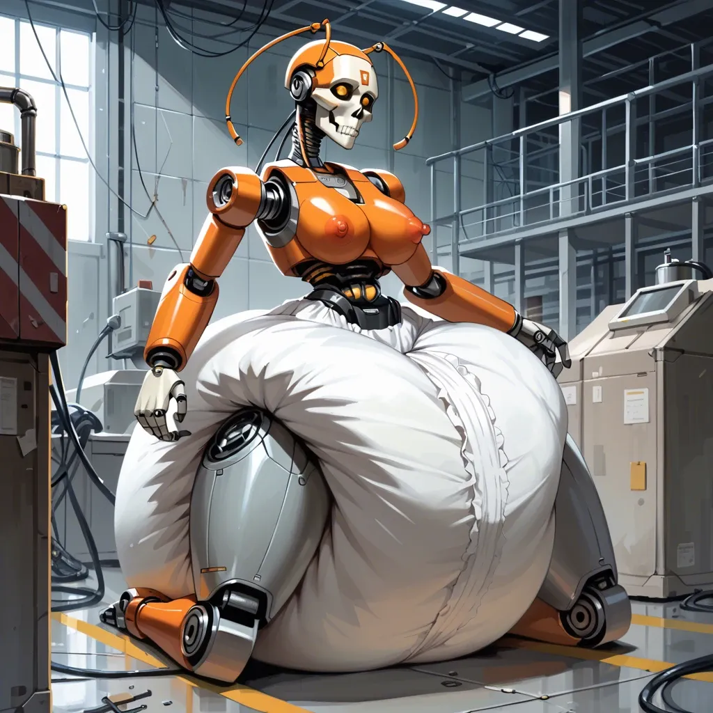 1 girl,solo,,,, big tits, hyper ass, wide hips, thickest thighs, hyper diaper, robot, copper plating, robot antenna, ball joints, skull-like face, factory