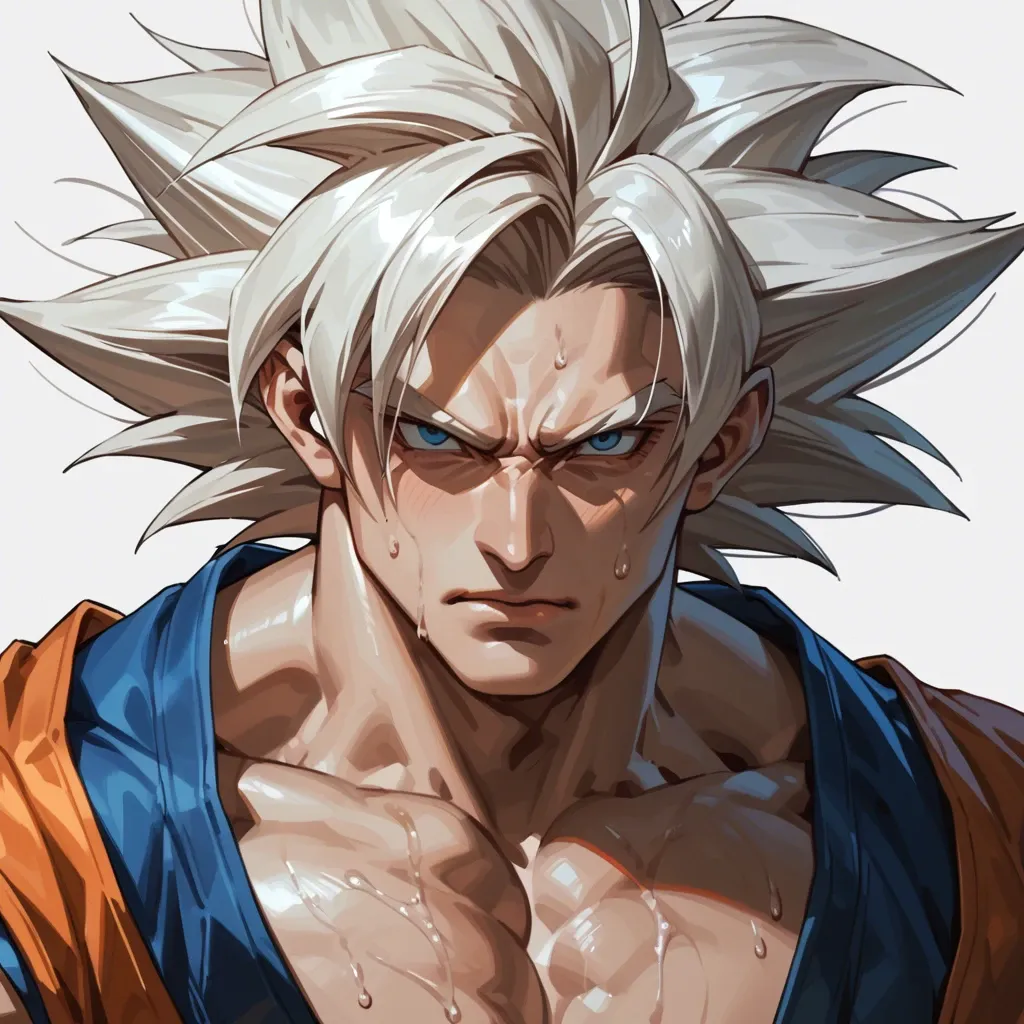 male goku crawling out of the sea has long blond hair reaching the ground blue eyes and a seductive look