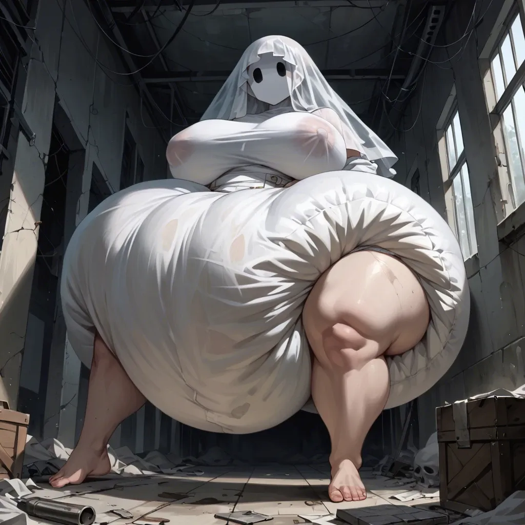 1 girl,solo,,,, big tits, massive ass, huge hips, giant thighs, ghost, pitch black eyes, no mouth, pure white skin, abandoned apartment, hyper diaper