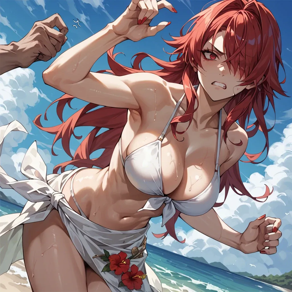 Mitsuru Kirijo from Persona 3  , red hair, long hair, hair over one eye, red eyes, white bikini, front-tie top, white sarong, red hibiscus pin, large breasts, cleavage,anger face, blue sky, beach, He has vaginal sex with woman using Missionary sex with huge penis ,She lies on her back