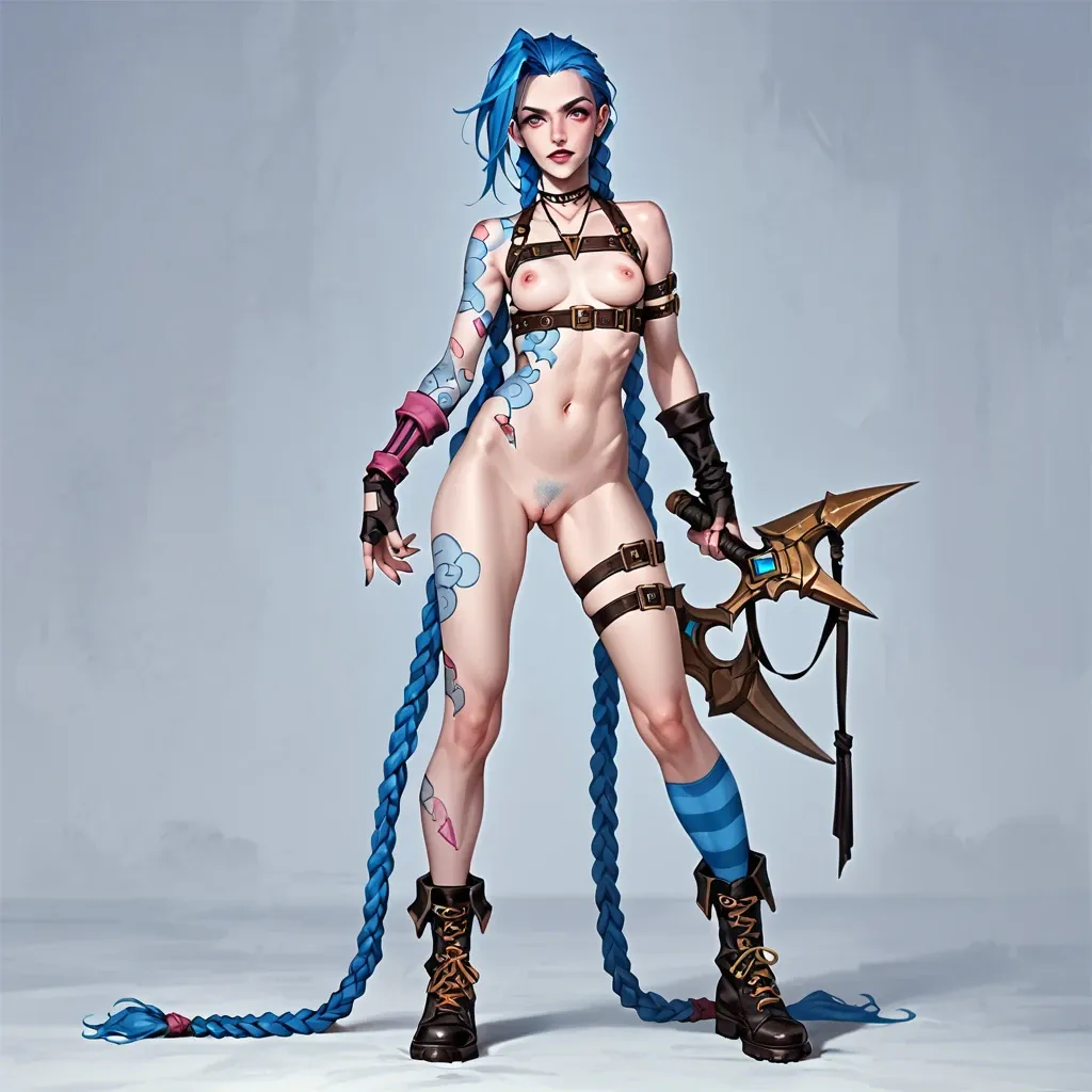 Jinx,league of legends,petite body,long blue hair,braids,outfit,full body,looking at viewer,standing