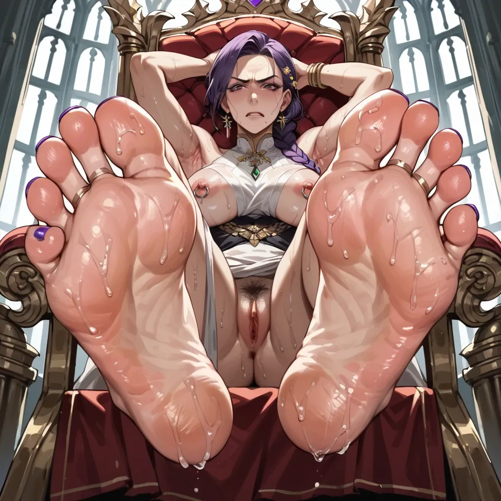 Disgusted purple braid milf beauty mark detailed armpits detailed soles foot focus pubic hair nipple piercing sweaty feet colored toenails legs crossed throne