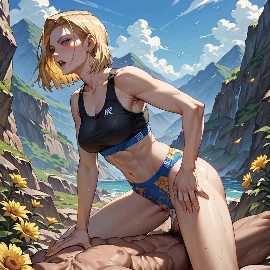 Android 18 sex with oldman at the mountains, sports bra yellow floral panties yellow floral