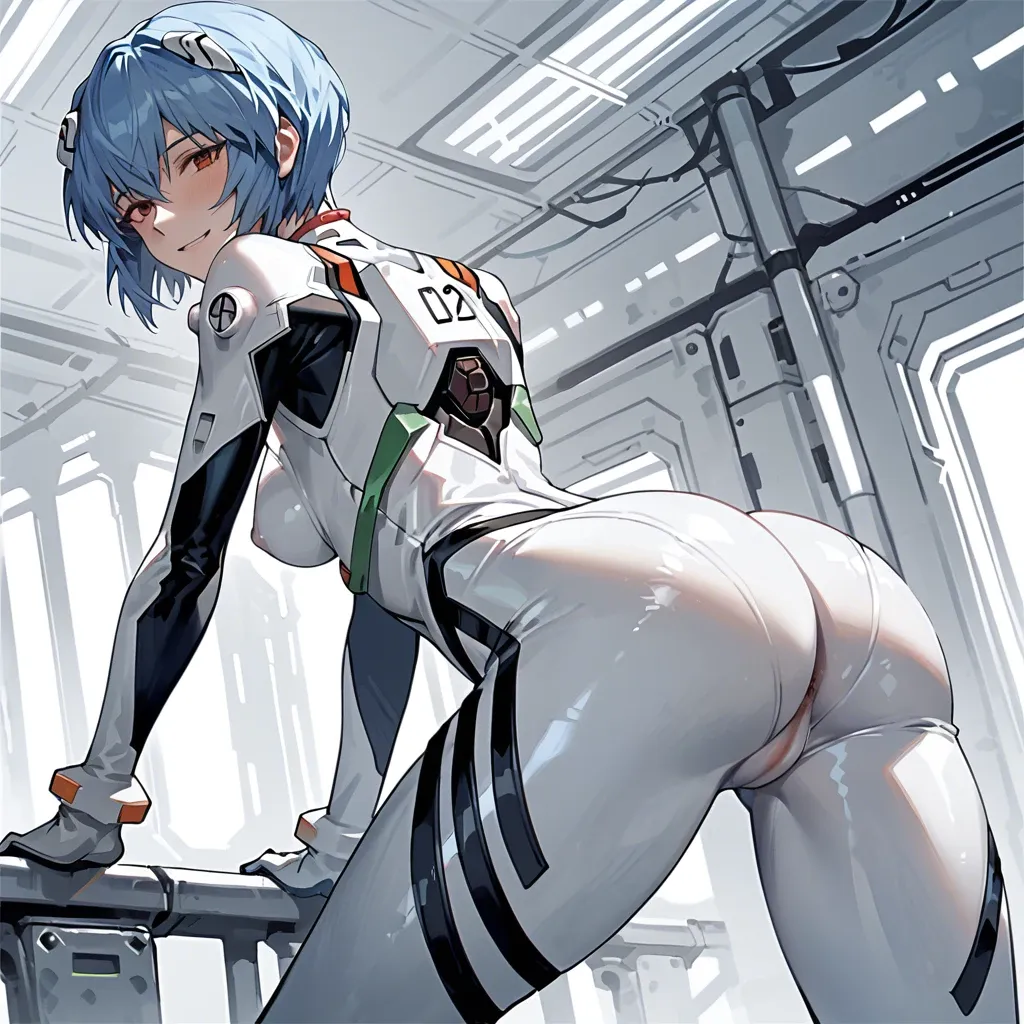 1girl,ayanami rei, \(neon genesis evangelion\),twisted waist, breast, ass, half closed eyes smile, blue hair, (white plugsuit bodysuit),