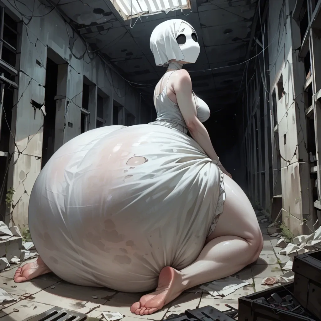 1 girl,solo,,,, big tits, massive ass, huge hips, giant thighs, ghost, pitch black eyes, no mouth, pure white skin, abandoned apartment, hyper diaper