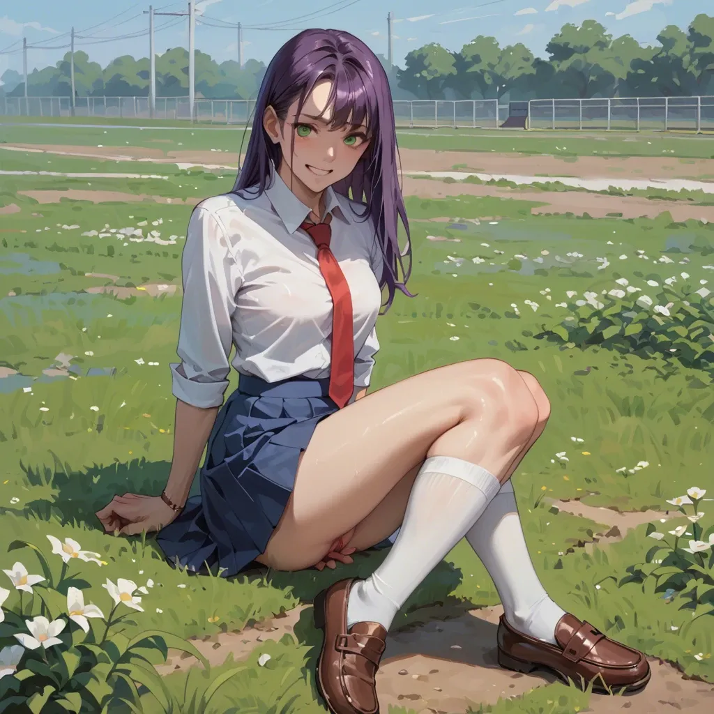 1 girl, 18 years, on field, brown shoes, White socks, blue school skirt, White shirt, purple hair, green eyes, standing strait, smiling, red  tie, stand on feet,